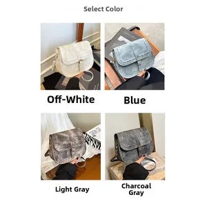 Collage of four vintage-style saddle bags in cream, blue, light grey, and charcoal grey