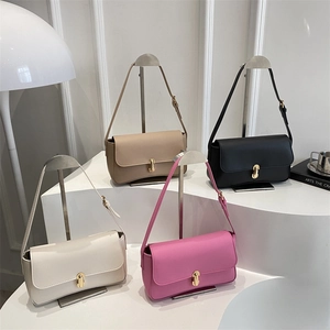 Women PU Leather Small Square Bag Flap Underarm Shoulder Bag With Gold Metal Lock Adjustable Strap Fashion Commuting Handbag