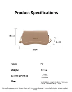 Size guide for light khaki PU shoulder bag with dimensions and styling options details