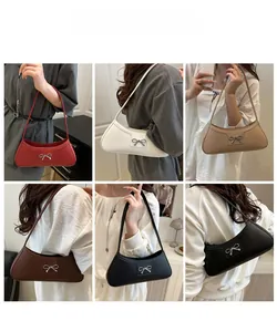 Collage of chic crescent armpit bags in six colors with metallic bow decorative accents