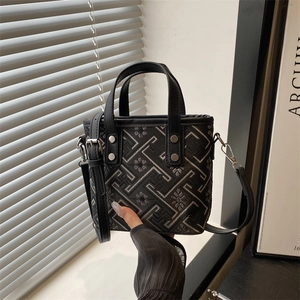 New Chinese style handbag with silver floral jacquard and leather strap in black finish