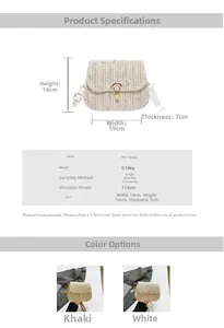 Detail of woven straw crossbody bag with floral texture and gold buckle closure