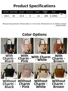 Size chart showing mini bucket bag dimensions and detailed color options with plush charms