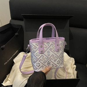 Chic light purple embroidered plaid bucket bag with top handle and crossbody strap