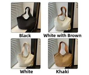 Four color options of minimalist canvas tote bags shown in a four-grid studio layout