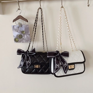Quilted Shoulder Bag PU Leather Golden Chain Strap Lingge Pattern Satin Scarf Bow Decor Crossbody Handbag For Women