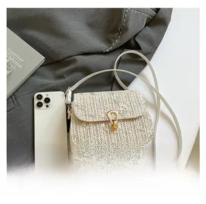 Mini woven straw shoulder bag with floral embroidery and gold clasp next to a smartphone