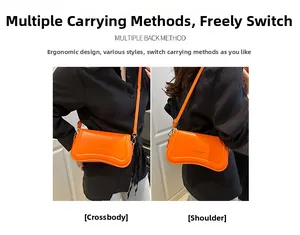 Orange moon-shaped shoulder bag shown in crossbody and shoulder carry styles