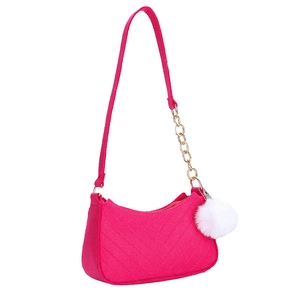 Vibrant pink retro shoulder bag with white pom-pom charm and gold chain strap detail