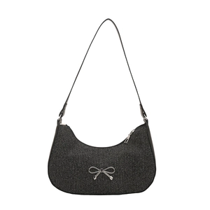 Chic black glitter crescent shoulder bag with silver metallic bow for women