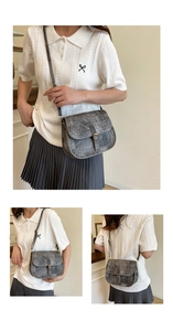 Three lifestyle shots showing a vintage grey saddle bag styled with casual outfits