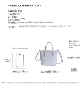 Size comparison of white bucket bag with iPhone 16 Pro Max showing compact dimensions