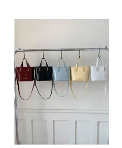 Detailed display of five colorful mini bucket bags with polished finish and straps