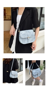 Three-way split view of a light blue saddle bag showing crossbody and shoulder wear