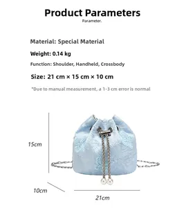 Blue embroidered bucket bag with butterfly patterns, pearl charms and size chart info