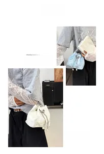 Detailed embroidery with butterflies and lace on women's stylish drawstring bucket bags