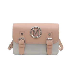 Minimalist square crossbody bag in pink and grey color-block with large metal M logo