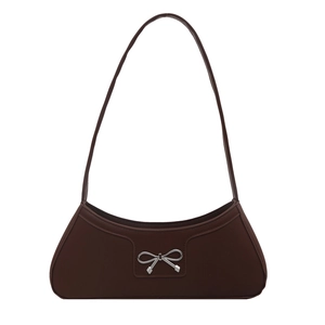 Dark brown leather crescent underarm bag with silver metal bow and shoulder strap