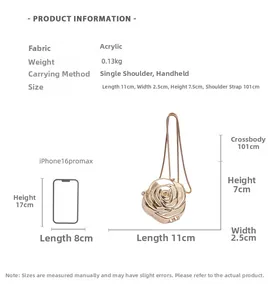 Detailed size guide for rose acrylic evening bag with iPhone 16 Pro Max comparison