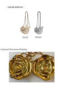 Detail of rose-shaped metal clutch with magnetic closure and inner chain in gold and silver