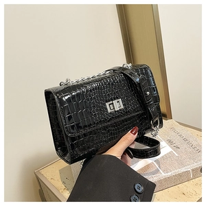 Close-up of black crocodile pattern crossbody bag with silver rotating metal buckle and chain