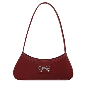 Chic burgundy baguette underarm bag featuring a silver metal bow buckle and matte leather finish