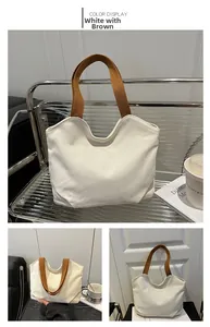 Detailed views of a minimalist white canvas tote bag with contrast brown shoulder straps