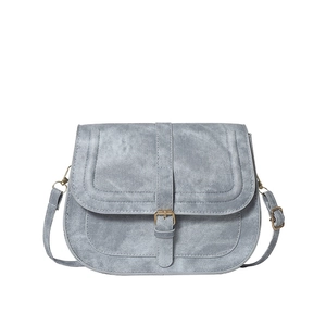 Retro light blue saddle bag with denim texture and metallic buckle on white background