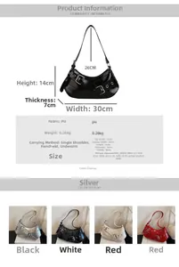Size chart and dimensions for the Y2K style PU leather baguette bag with metal eyelets