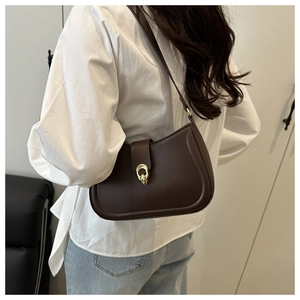 Detail of a dark brown crescent bag with smooth leather finish and golden oval clasp