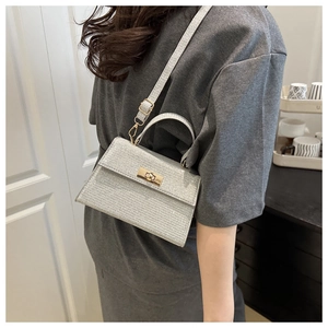 Silver glitter crossbody bag with gold twist lock and adjustable shoulder strap worn by model