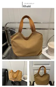 Vertical collage showing khaki canvas tote bag with dark handles and wavy edge detail
