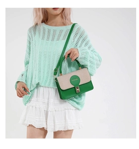 Détail du sac à main vert et beige en similicuir avec fermoir doré et bandoulière