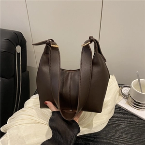 Minimalist dark brown PU leather crescent shoulder bag with golden buckles and wide strap
