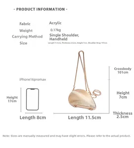 Detailed size chart of acrylic shell box bag with iPhone comparison and dimensions