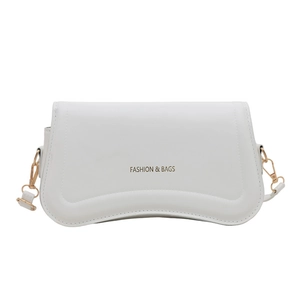 Modern white crossbody bag with Fashion & Bags lettering and gold metal hardware hooks