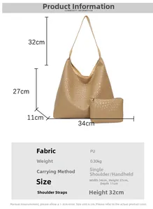 Detailed size chart of large woven tote bag and matching pouch with dimensions and weight