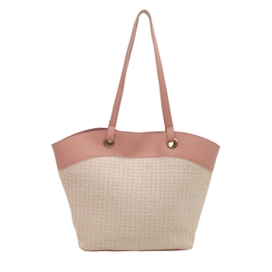 Pink and beige large straw tote bag with long PU shoulder straps for summer beach vacation