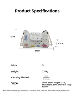 Detailed size chart for white polka dot PU crossbody bag with cat patch decor