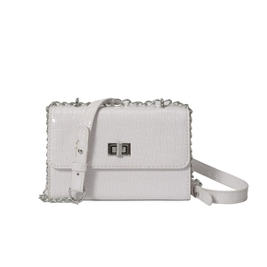 Classic white crocodile texture rectangular crossbody bag with silver chain and lock