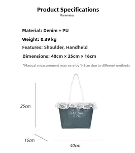Guide des tailles du sac cabas en jean 40x25x16cm avec détails en dentelle blanche
