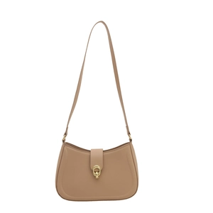 French style khaki underarm bag with gold ring buckle and smooth faux leather finish