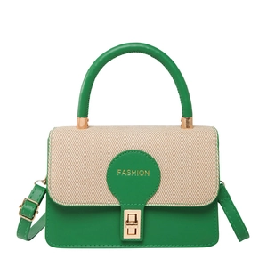 Sac à main en cuir vert et tissage beige avec lettrage FASHION doré et fermoir
