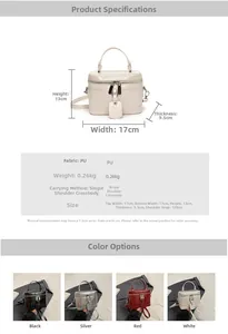 Size chart showing mini vanity case bag dimensions 17x13x9.5cm and PU material details