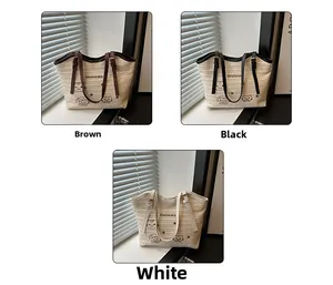 Detailed comparison of woven tote bags with animal prints and three shoulder strap colors