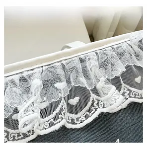 Gros plan détaillé sur la bordure en dentelle blanche avec broderie cœur du sac