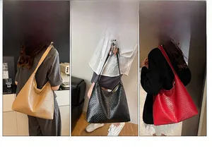 Three-color collage of large woven leather tote bags in khaki, black, and red styles