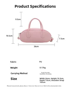 Detailed size chart of the pink PU leather bowling bag with specific dimensions and strap info