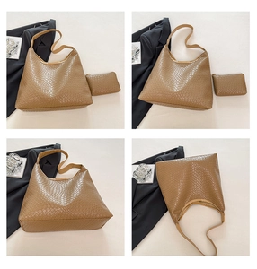 Detailed four-angle view of brown woven tote bag set with matching inner clutch purse