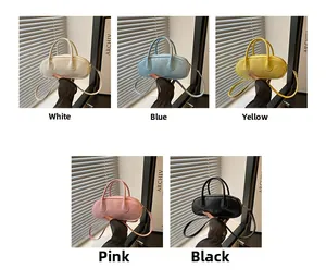 Detailed comparison of minimalist leather handbags in white, blue, yellow, pink, and black
